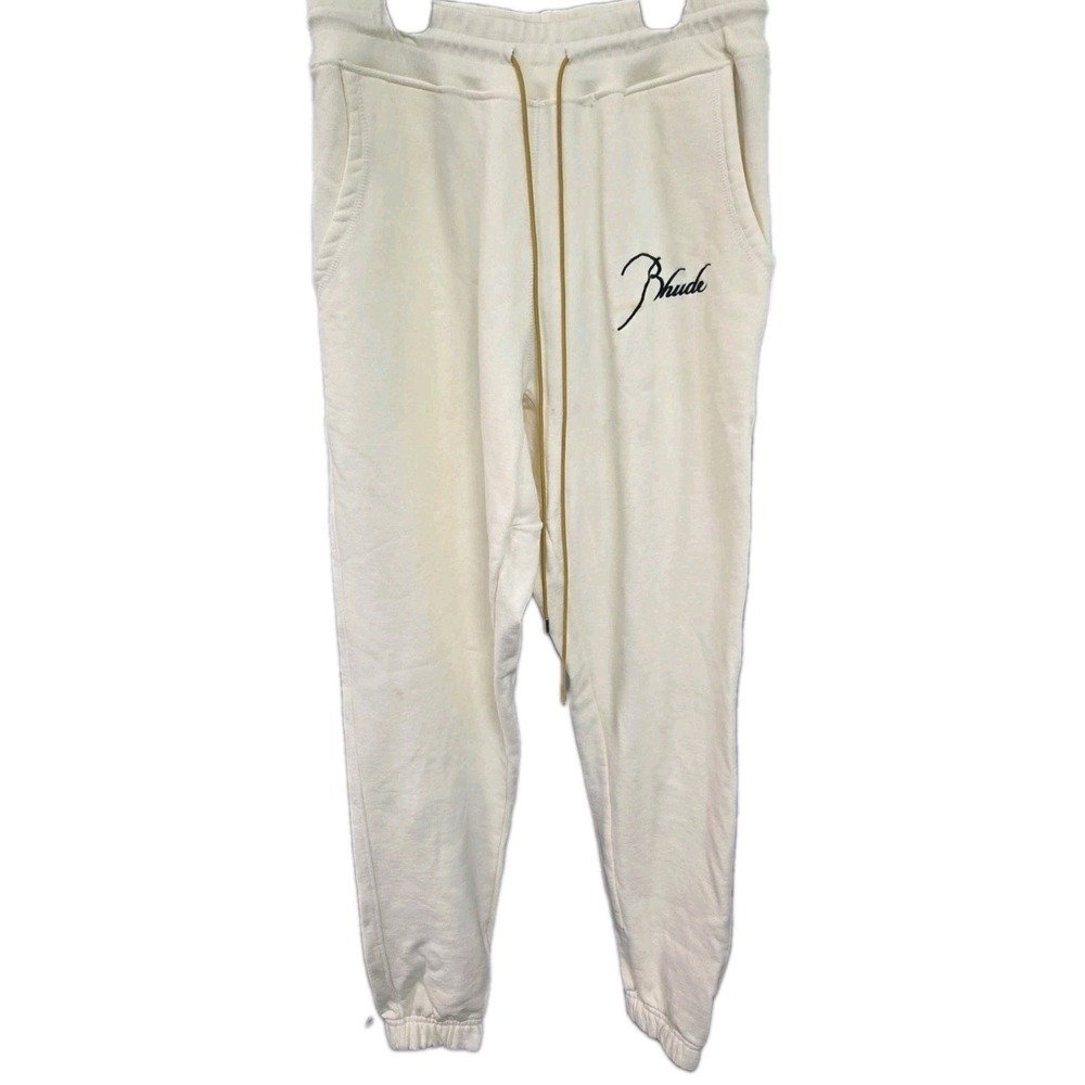 Rhude Script Logo Sweatpants Mens XL Cream Off-White Joggers Drawstring Fleece